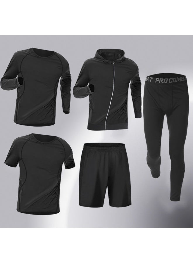 Half Zipper Men's Sports Tight Set with Elastic Quick Drying Five Piece Set for Training Cycling Running Fitness - Image 1