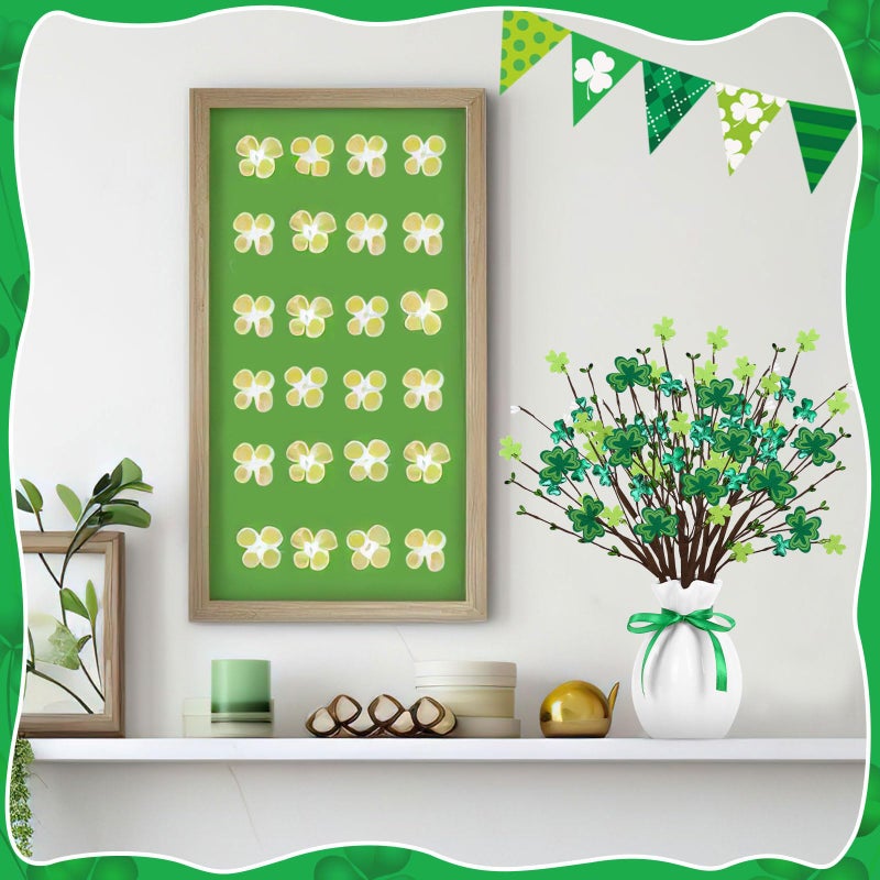 JUNEBRUSHS 6Pcs St Patricks Day Decorations, Shamrock Picks with Green Ribbon, 42cm Artificial Clover Stems for Home Office Party Table Centerpiece Irish Decor - Image 3