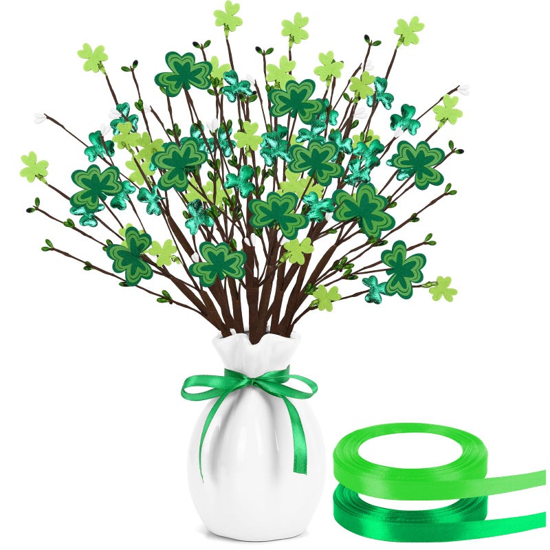 JUNEBRUSHS 6Pcs St Patricks Day Decorations, Shamrock Picks with Green Ribbon, 42cm Artificial Clover Stems for Home Office Party Table Centerpiece Irish Decor - Image 1