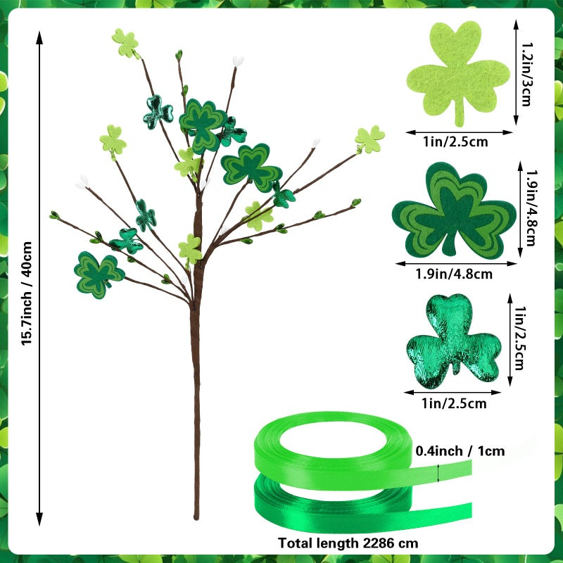 JUNEBRUSHS 6Pcs St Patricks Day Decorations, Shamrock Picks with Green Ribbon, 42cm Artificial Clover Stems for Home Office Party Table Centerpiece Irish Decor - Image 4