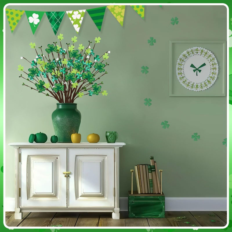 JUNEBRUSHS 6Pcs St Patricks Day Decorations, Shamrock Picks with Green Ribbon, 42cm Artificial Clover Stems for Home Office Party Table Centerpiece Irish Decor - Image 5