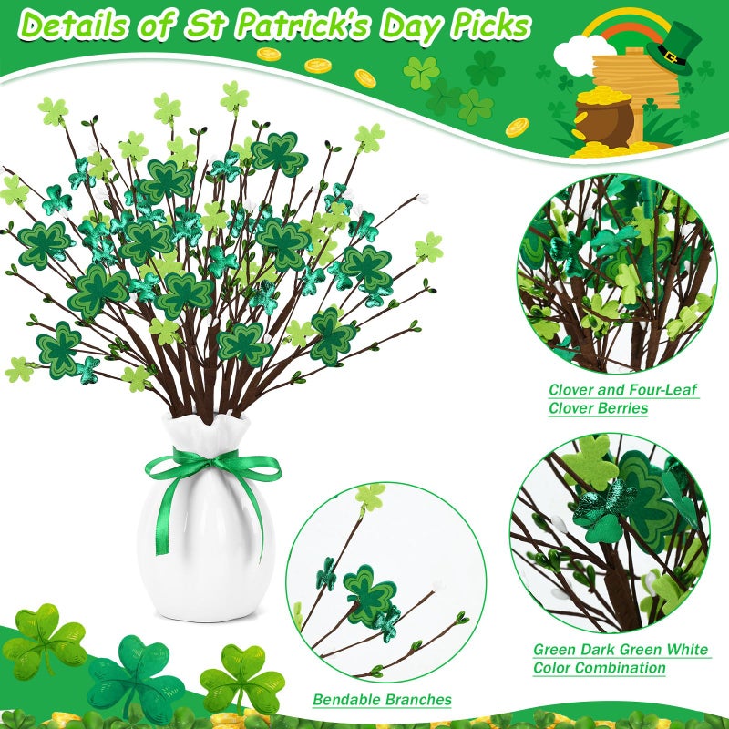 JUNEBRUSHS 6Pcs St Patricks Day Decorations, Shamrock Picks with Green Ribbon, 42cm Artificial Clover Stems for Home Office Party Table Centerpiece Irish Decor - Image 2