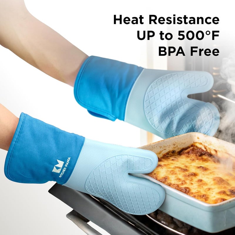 Kitchen Mama UltraShield Silicone Oven Mitts – Heat Resistant, Non-Slip Surface, Durable, Safe, Pot Holders, Flexible Waterproof Glove Set, Perfect for Cooking, Baking, Grilling, BBQ (Blue) - Image 3