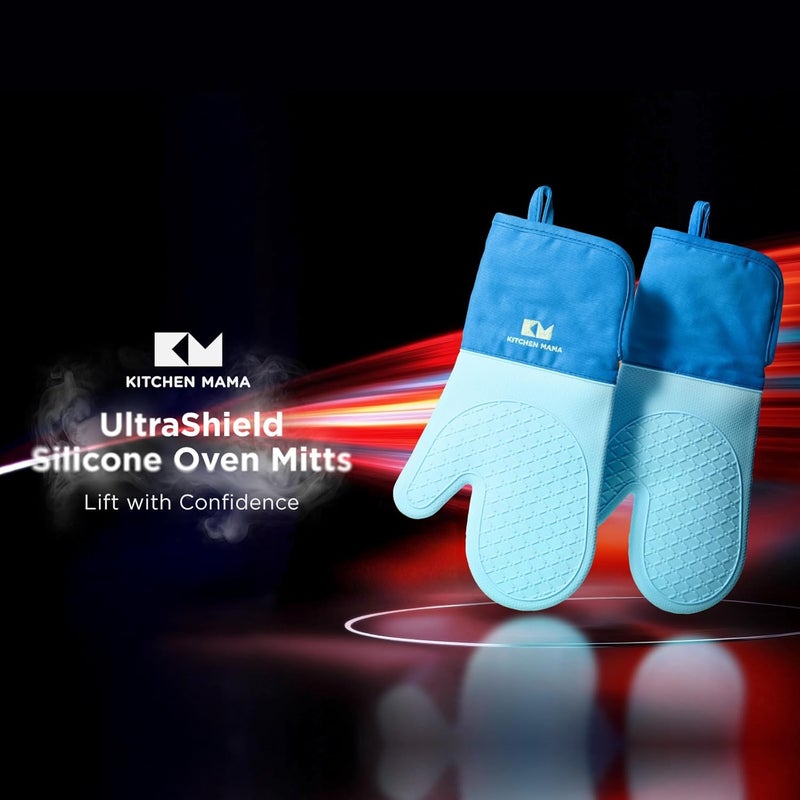 Kitchen Mama UltraShield Silicone Oven Mitts – Heat Resistant, Non-Slip Surface, Durable, Safe, Pot Holders, Flexible Waterproof Glove Set, Perfect for Cooking, Baking, Grilling, BBQ (Blue) - Image 2