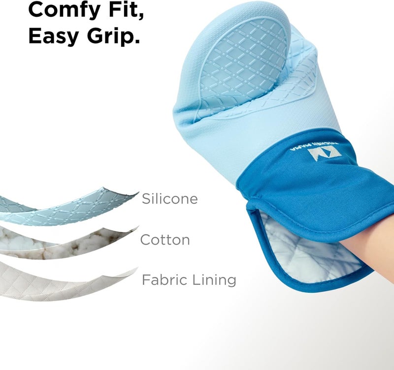 Kitchen Mama UltraShield Silicone Oven Mitts – Heat Resistant, Non-Slip Surface, Durable, Safe, Pot Holders, Flexible Waterproof Glove Set, Perfect for Cooking, Baking, Grilling, BBQ (Blue) - Image 4