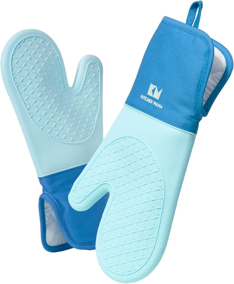 Kitchen Mama UltraShield Silicone Oven Mitts – Heat Resistant, Non-Slip Surface, Durable, Safe, Pot Holders, Flexible Waterproof Glove Set, Perfect for Cooking, Baking, Grilling, BBQ (Blue) - Image 1