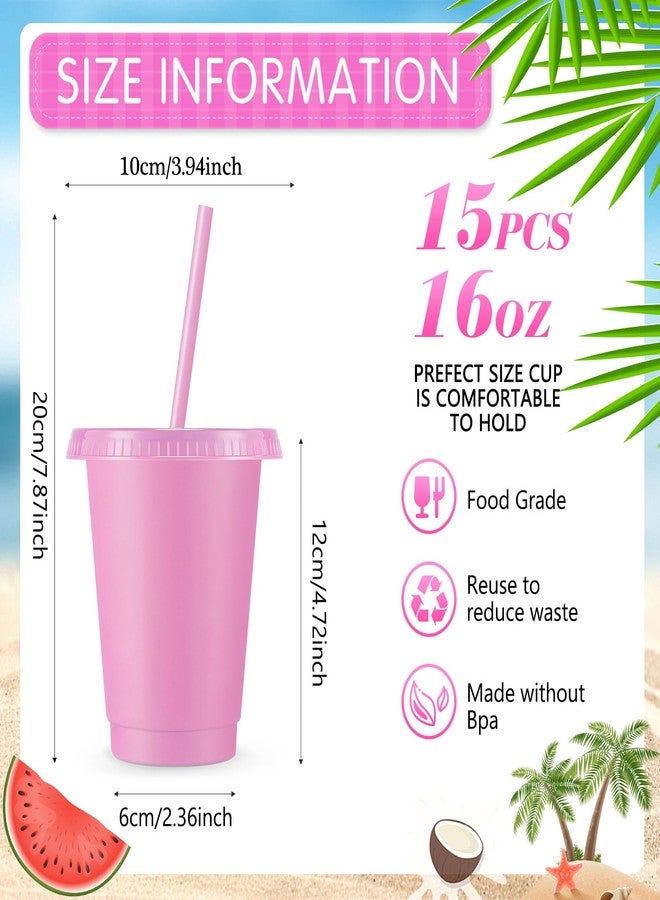 Rtteri 15 Pcs Reusable Cups with Straws and Lids 16 oz Glitter Tumblers Plastic Party Favor Cups with Lids Travel Mug Tumbler for Summer Party Iced Beverage Water(Light Pink) - Image 2