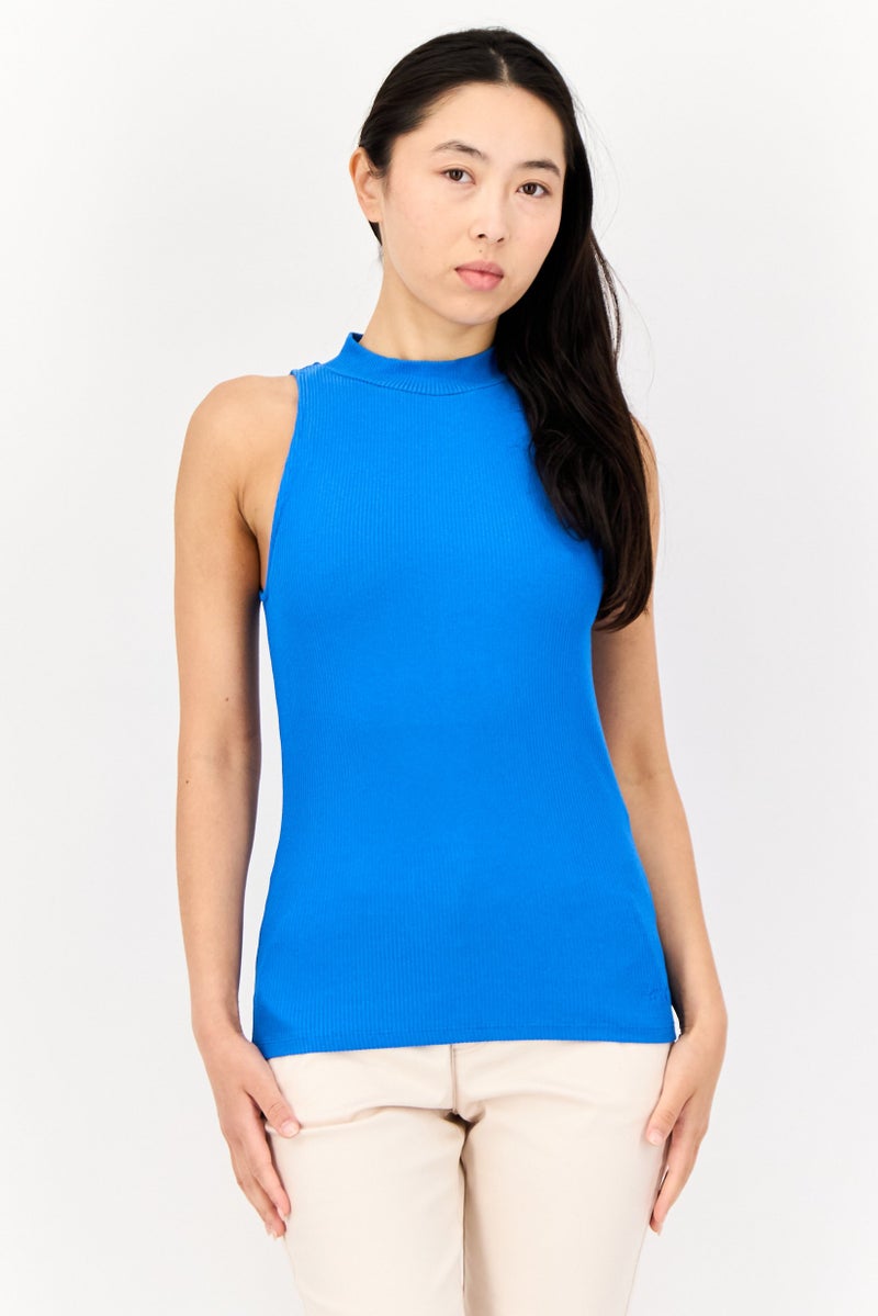 SALSA Women Mock Neck Sleeveless Textured Print Top, Blue - Image 1