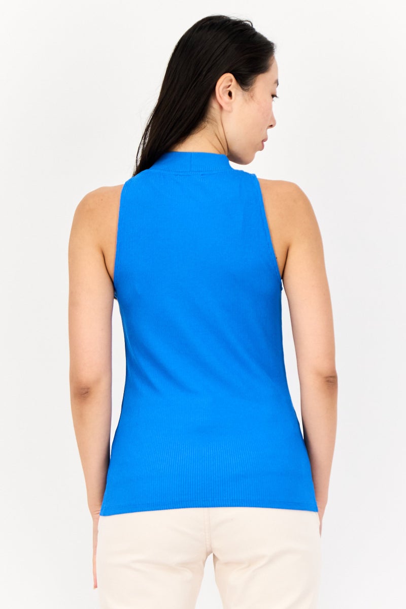 SALSA Women Mock Neck Sleeveless Textured Print Top, Blue - Image 3