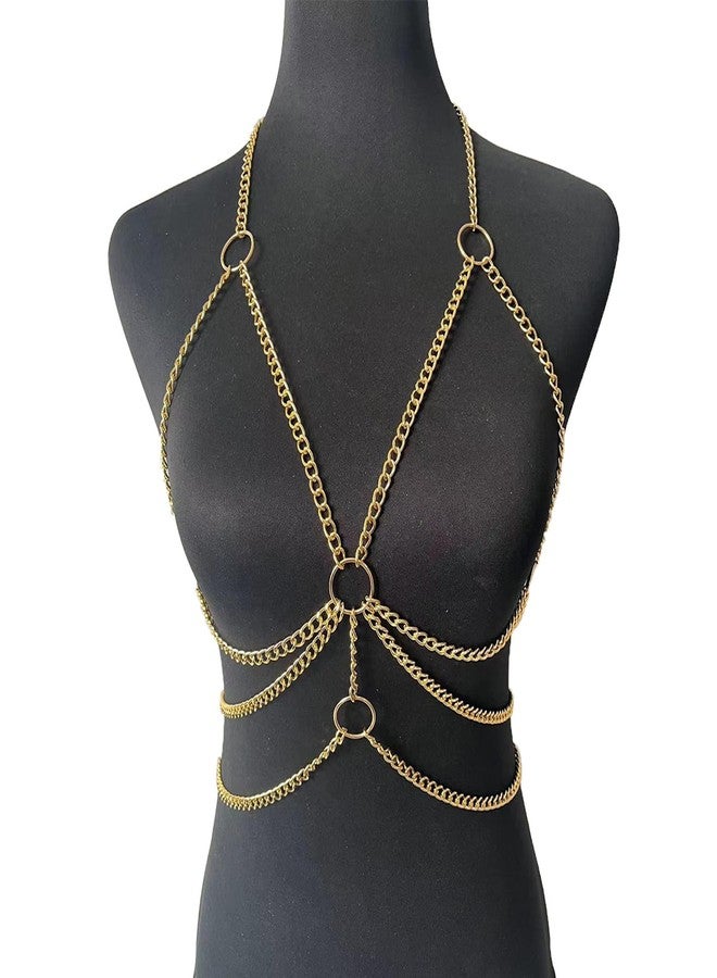 WFik Simple Metal Chunky Bra Body Chain Jewelry Sexy Crossover Harness Chest Chain Summer Beach Bikini Multi-layered Waist Chain Body Jewelry for Women (Gold) - Image 5