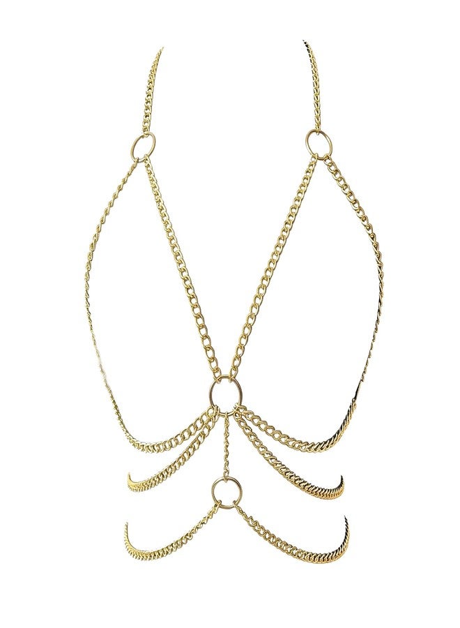 WFik Simple Metal Chunky Bra Body Chain Jewelry Sexy Crossover Harness Chest Chain Summer Beach Bikini Multi-layered Waist Chain Body Jewelry for Women (Gold) - Image 4