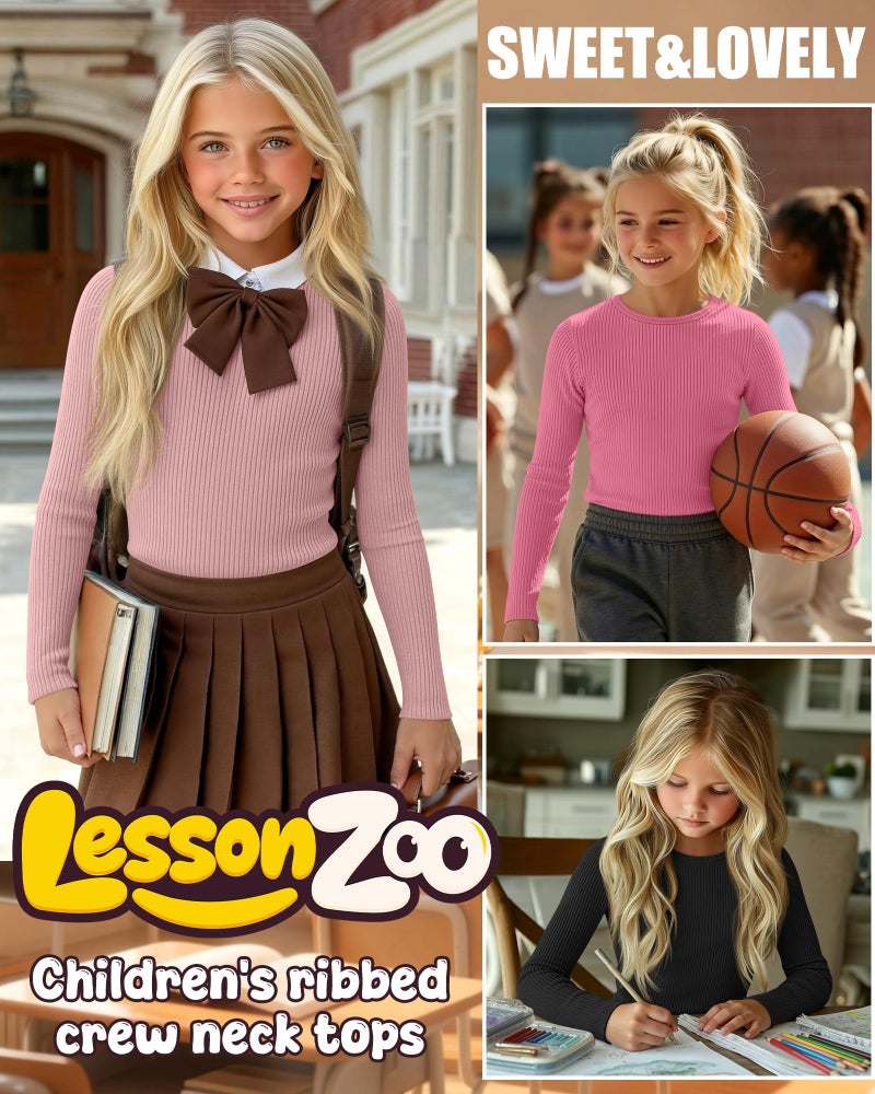 LessonZoo 4 Pack Girls Long Sleeve Shirts Ribbed Knit Cotton Crewneck Tops Slim Fit Soft Casual Kids Base Layer Undershirts(Black, White, Peach Pink, Light Pink,9-10 Years) - Image 4
