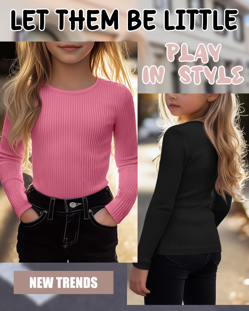 LessonZoo 4 Pack Girls Long Sleeve Shirts Ribbed Knit Cotton Crewneck Tops Slim Fit Soft Casual Kids Base Layer Undershirts(Black, White, Peach Pink, Light Pink,9-10 Years) - Image 5