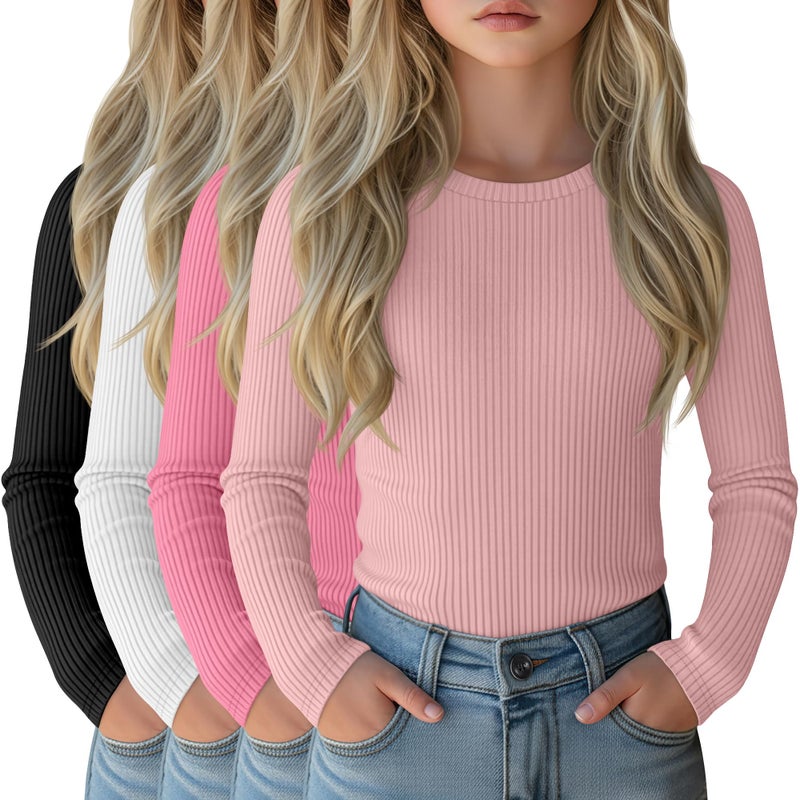 LessonZoo 4 Pack Girls Long Sleeve Shirts Ribbed Knit Cotton Crewneck Tops Slim Fit Soft Casual Kids Base Layer Undershirts(Black, White, Peach Pink, Light Pink,9-10 Years) - Image 1