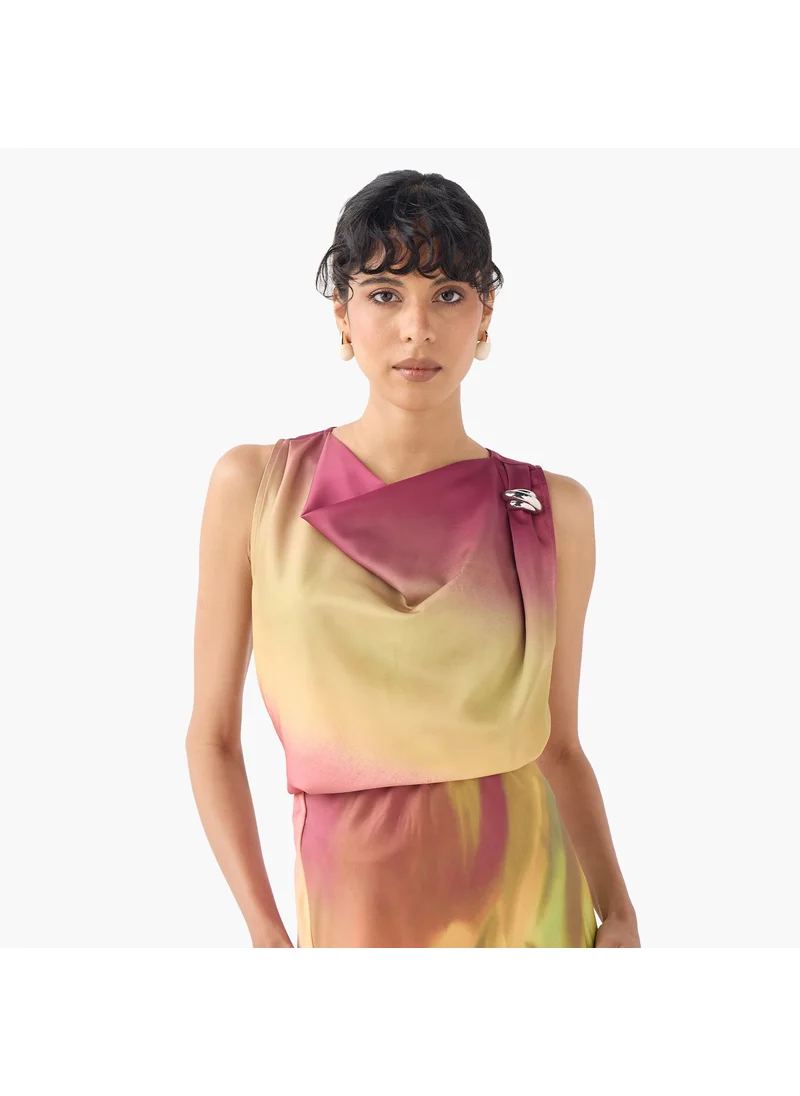 ايكونيك Iconic Printed Cowl Neck Top with Metal Accent