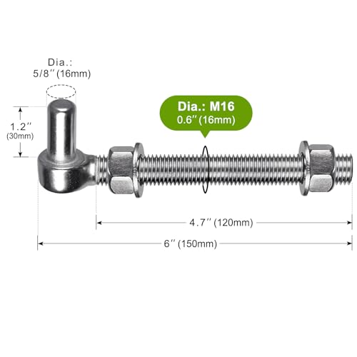 Insaga M16x 6'' J-Bolt Gate Hinge, 304 Stainless Steel J-Bolt Post Hinge for Farm Gate, 5/8" Male Pin J-Bolt Hinge for Chain Link Fence Gate, Gate Hinges for Metal Gates (2Pcs) - Image 2