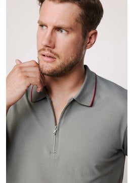 Tudors Men's Polo Neck Slim Fit Cotton Zipper Pique Gray T-Shirt  - Image 2