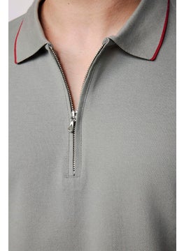 Tudors Men's Polo Neck Slim Fit Cotton Zipper Pique Gray T-Shirt  - Image 3