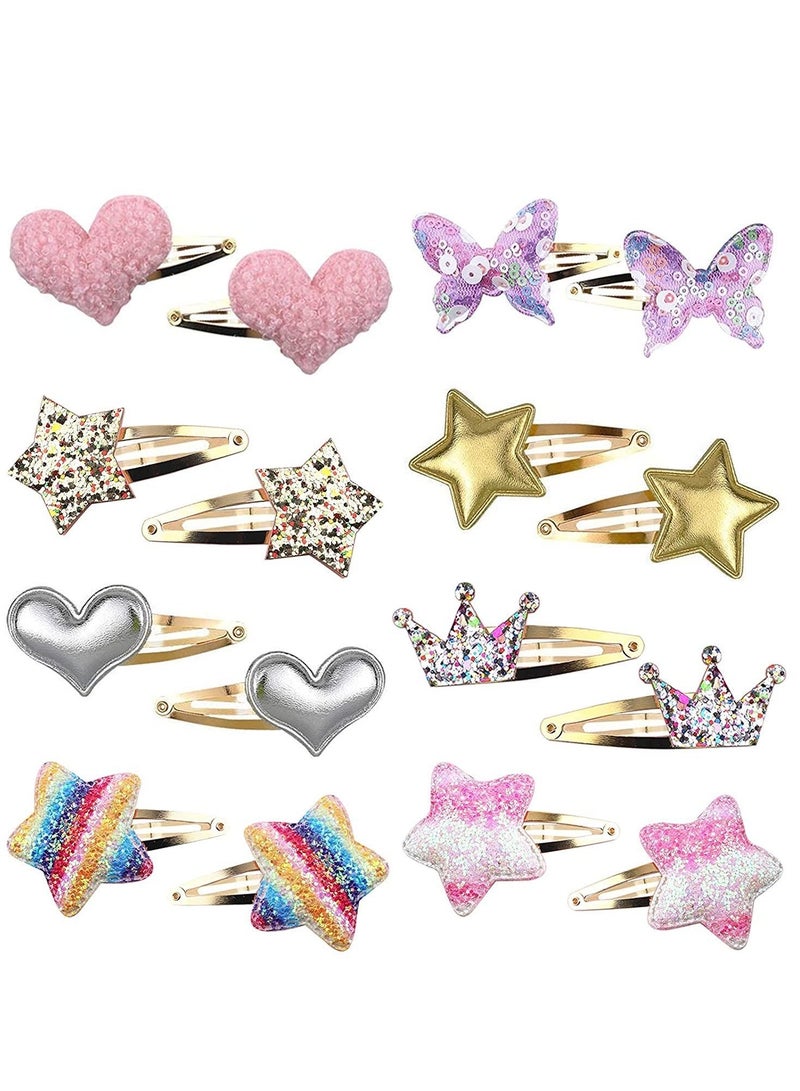 general Hair Clips for Girls - 8 Pairs of Star, Crown, Heart, Butterfly Shaped Barrettes and Pins - Metal Snap Accessories for Styling Kids' Hair - Image 1