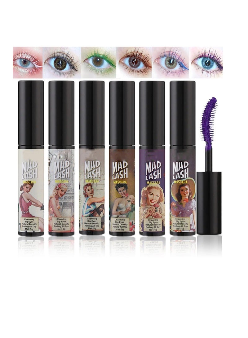 Colorful Mascara Set, Waterproof Colored Mascara for Eyelashes Set, Natural Smudgeproof Long Lasting Curling Colorful Mascara for Women Eye Makeup 6 Colors White Green Black Purple Blue Brown - Image 1