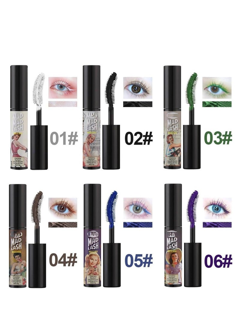 Colorful Mascara Set, Waterproof Colored Mascara for Eyelashes Set, Natural Smudgeproof Long Lasting Curling Colorful Mascara for Women Eye Makeup 6 Colors White Green Black Purple Blue Brown - Image 5