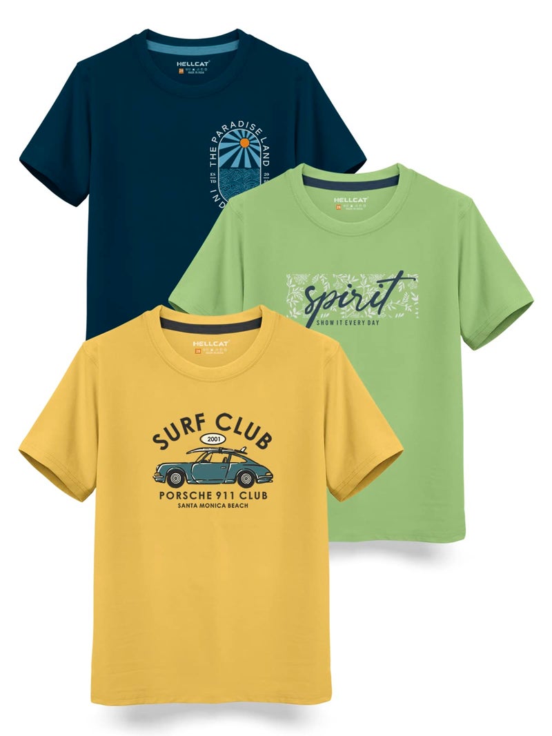 HELLCAT Trendy Typographic Printed Cotton Blend Half Sleeve Regular Fit T-Shirt For Boys - Pack Of 3 / Mustard & Jade Green & Petrol Blue / 13-14 Years - Image 1