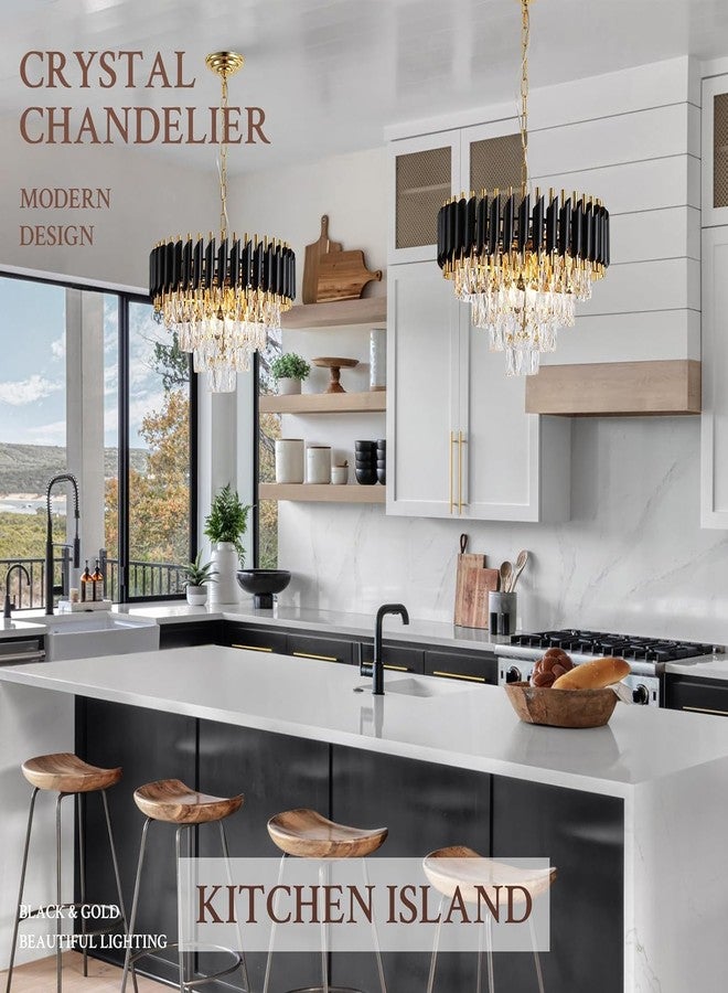 ADWAIT ثريات كريستال K9 عصرية من ADWAIT، ذهبية اللون - ثريا كريستال دائرية لألوان غرف المعيشة. ألوان دافئة: أبيض، ضوء القمر، ذهبي، لوحة LED متضمنة (أسود ذهبي، 500 مم) - Image 4