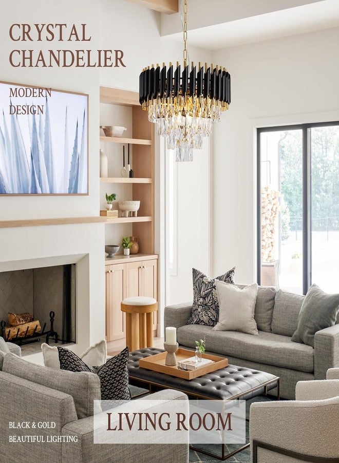 ADWAIT ثريات كريستال K9 عصرية من ADWAIT، ذهبية اللون - ثريا كريستال دائرية لألوان غرف المعيشة. ألوان دافئة: أبيض، ضوء القمر، ذهبي، لوحة LED متضمنة (أسود ذهبي، 500 مم) - Image 5