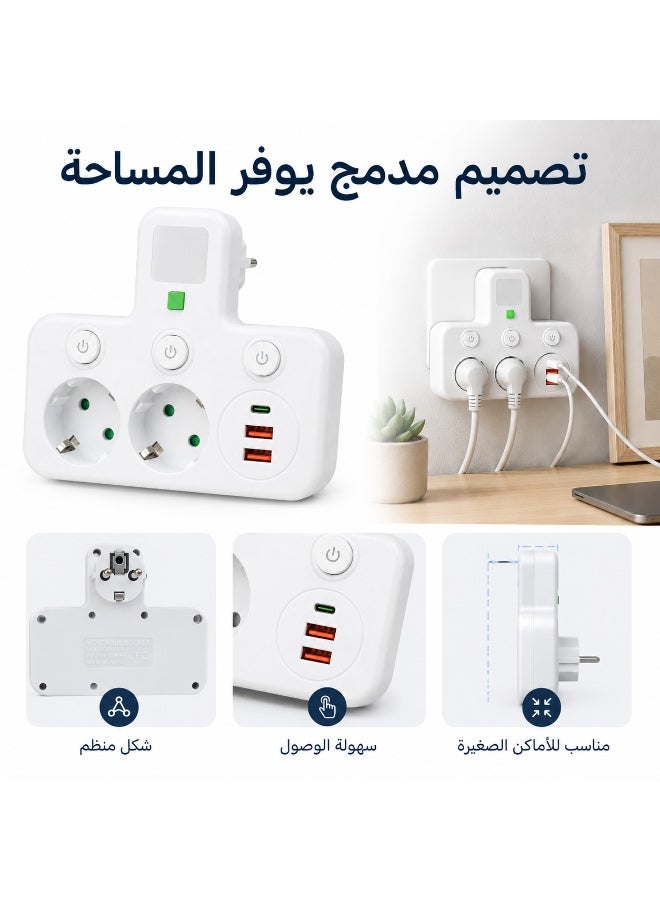 مشترك كهرباء متعدد المنافذ 2500 وات 10 أمبير، 2 فيشة أوروبية + 2 USB-A وUSB-C، 3 أزرار تشغيل، مشترك جداري للمنزل والمكتب - Image 2