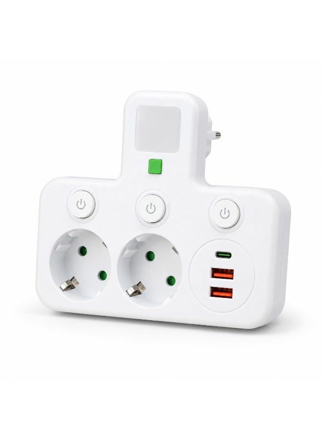 مشترك كهرباء متعدد المنافذ 2500 وات 10 أمبير، 2 فيشة أوروبية + 2 USB-A وUSB-C، 3 أزرار تشغيل، مشترك جداري للمنزل والمكتب - Image 1