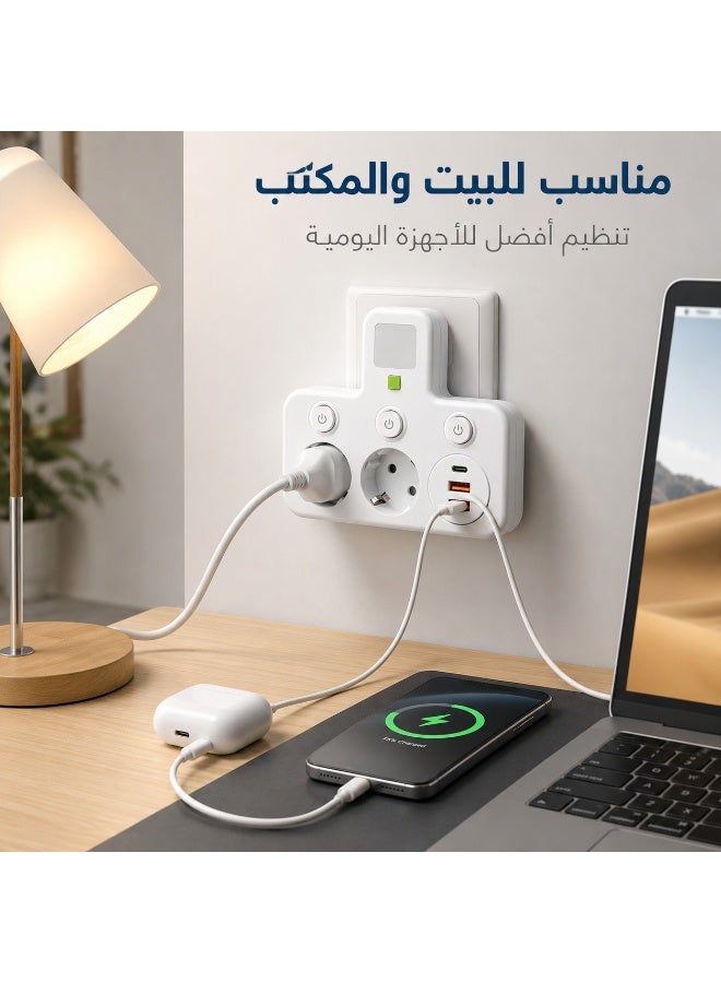 مشترك كهرباء متعدد المنافذ 2500 وات 10 أمبير، 2 فيشة أوروبية + 2 USB-A وUSB-C، 3 أزرار تشغيل، مشترك جداري للمنزل والمكتب - Image 3