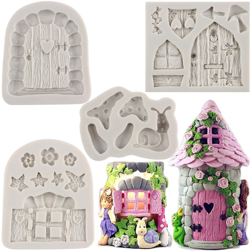 Sijiangmold Enchanted Vintage Fairy Garden Fairy Gnome Home Door Window Silicone Molds Snail Mushroom Fondant Mold For Cake Decorating Cupcake Topper Candy Chocolate Gum Paste Polymer Clay Set Of 4 - Image 1
