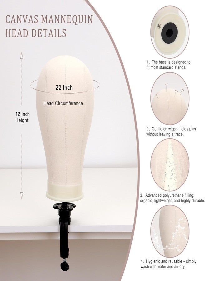 Demides 22'' Canvas Wig Head with 61'' Adjustable Tripod Stand, Mannequin Head Set for Styling, Display – Includes Caps, Elastic Bands, Stand & Tool Kit for Beginners and Professionals - Image 3