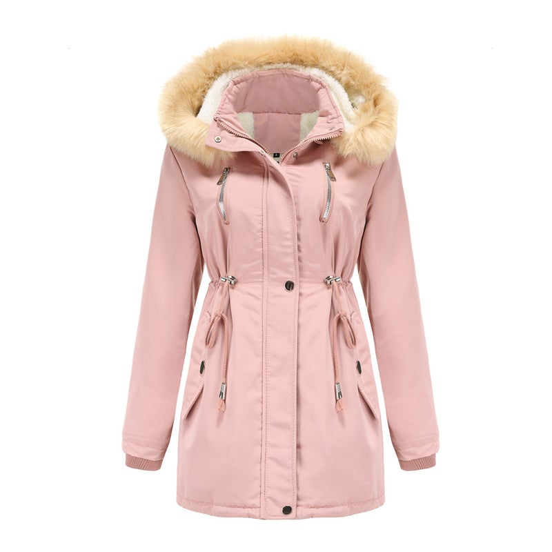 2024 Womens Thickened Sherpa Cotton Coat with Removable Hood Pink - Image 1