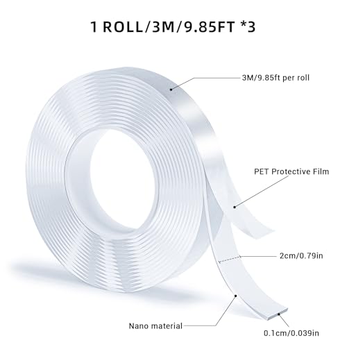SUTOUG 3 Rolls Double Sided Tape, Nano Tape, Transparent Adhesive Tape, Traceless Adhesive Tape, Removable, Washable, Reusable, Suitable for Carpets, Photo Walls, 9.85 Feet Per Roll - Image 2