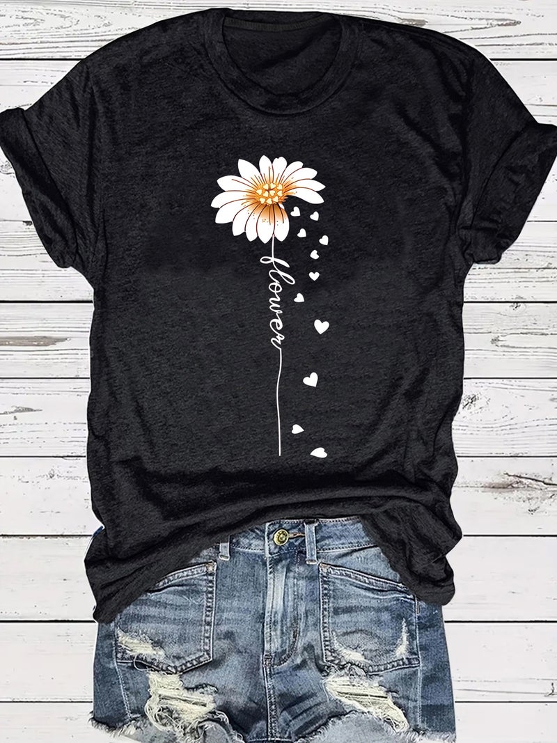 summer women's plant flower pattern round neck short sleeve casual fashion explosion T-shirt - Image 1