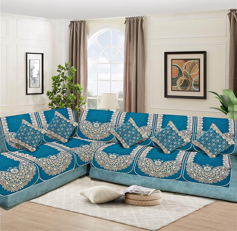 Dazzling Decor Velvet L Shape Sofa Covers Set with 5 Cushion Covers Premium 6 Seater Sofa Slip Protector Cover for Living Room Decor Heavy Fabric Slip Protector for Long Couch Aqua - Image 1