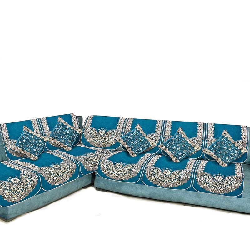 Dazzling Decor Velvet L Shape Sofa Covers Set with 5 Cushion Covers Premium 6 Seater Sofa Slip Protector Cover for Living Room Decor Heavy Fabric Slip Protector for Long Couch Aqua - Image 2