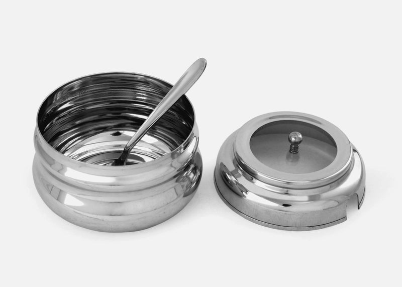 Dharam Paul Traders Stainless Steel Ghee container with spoon/Pickle pot with Spoon and Transparent cover with knob, Oil pot, Oil container for kitchen 300 ml, 1 piece - Image 2