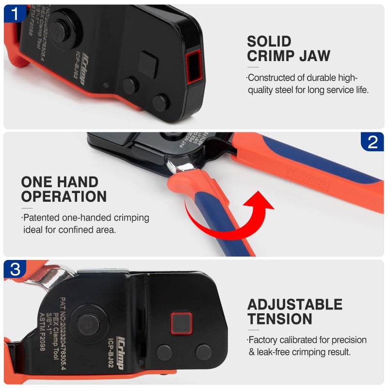 iCrimp ICP-BJ02 PEX Clamp Cinch Tool, One Handed PEX Crimping Tool for Pinching 3/8-in, 1/2-in, 3/4-in, 1-in PEX Clamp Rings, Patented - Image 5