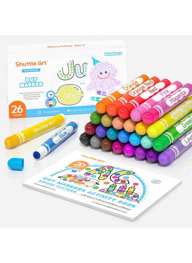 شاتل أرت أقلام تحديد نقطية قابلة للغسل من شاتل آرت، ٢٦ لونًا مع كتاب أنشطة مجاني، لوازم فنية ممتعة للأطفال الصغار ومرحلة ما قبل المدرسة، أقلام تلوين مائية غير سامة، أقلام تحديد نقطية فنية - Image 1