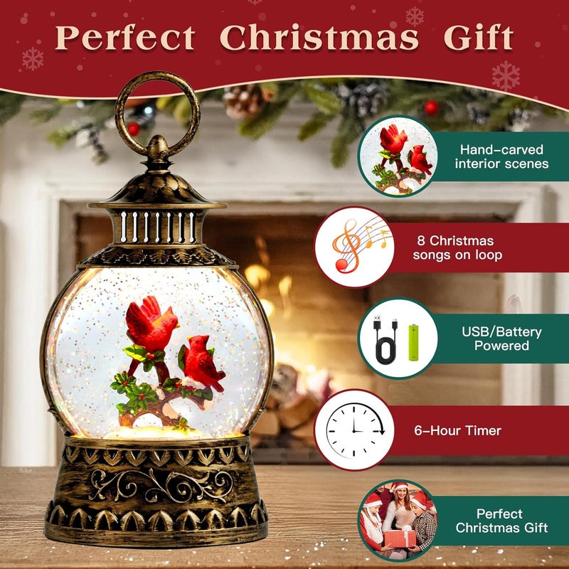 Aixuler Cardinal Christmas Snow Globe, Cardinal Musical Snow Globe Lantern Lights with 6H Timer Battery & USB Powered, Retro Style Holiday Glitter Globe for Xmas Home Decoration Holiday Party Gifts - Image 2