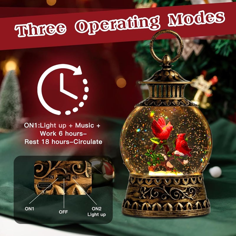Aixuler Cardinal Christmas Snow Globe, Cardinal Musical Snow Globe Lantern Lights with 6H Timer Battery & USB Powered, Retro Style Holiday Glitter Globe for Xmas Home Decoration Holiday Party Gifts - Image 5