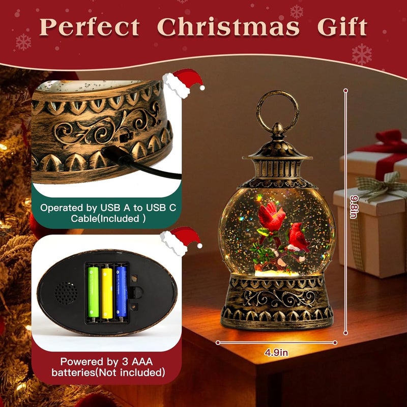Aixuler Cardinal Christmas Snow Globe, Cardinal Musical Snow Globe Lantern Lights with 6H Timer Battery & USB Powered, Retro Style Holiday Glitter Globe for Xmas Home Decoration Holiday Party Gifts - Image 4