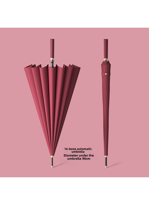 22-inch 16-Ribs Automatic Umbrella Colorful Handle 22 inch impact cloth wine red (color straight leather handle automatically open)