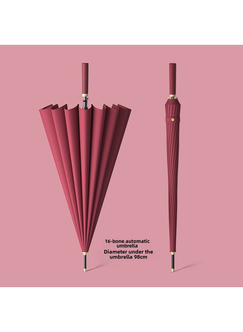 22-inch 16-Ribs Automatic Umbrella Colorful Handle 22 inch impact cloth wine red (color straight leather handle automatically open)