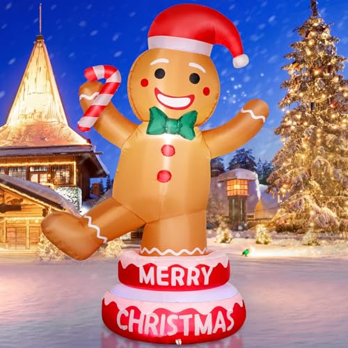 FunFanso 5 FT Christmas Inflatable Outdoor Decorations Gingerbread Man with Cane Candy, Lovable Blow up Gingerbread with Xmas Hat, Built-in LED Lights for Yard Garden Lawn Indoor Home Holiday Decor - Image 1
