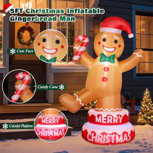 FunFanso 5 FT Christmas Inflatable Outdoor Decorations Gingerbread Man with Cane Candy, Lovable Blow up Gingerbread with Xmas Hat, Built-in LED Lights for Yard Garden Lawn Indoor Home Holiday Decor - Image 3