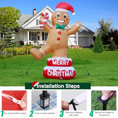 FunFanso 5 FT Christmas Inflatable Outdoor Decorations Gingerbread Man with Cane Candy, Lovable Blow up Gingerbread with Xmas Hat, Built-in LED Lights for Yard Garden Lawn Indoor Home Holiday Decor - Image 5