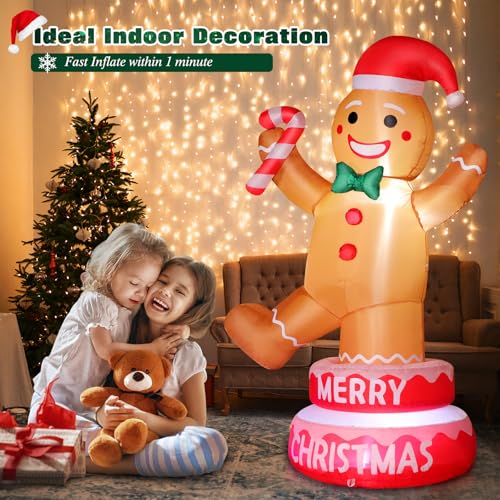 FunFanso 5 FT Christmas Inflatable Outdoor Decorations Gingerbread Man with Cane Candy, Lovable Blow up Gingerbread with Xmas Hat, Built-in LED Lights for Yard Garden Lawn Indoor Home Holiday Decor - Image 2